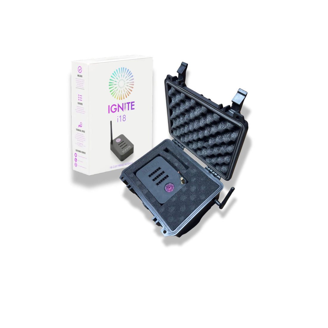IGNITE i18 firing module bundled with a SyncFire protective case and clip-on igniters